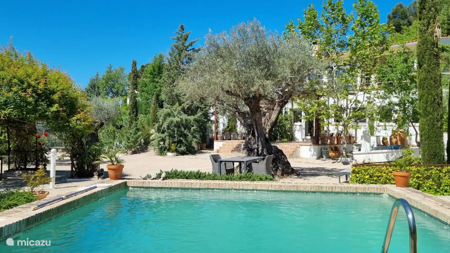 Private swimming pool, 5x5 meters and 1.80 meters deep, located in the garden where the 3 studios are located.