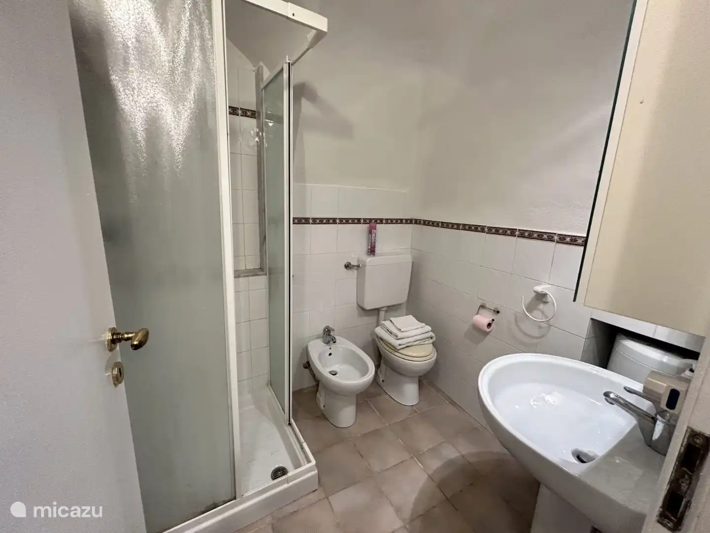 Badezimmer mit Duschkabine, Waschbecken, Toilette und Bidet