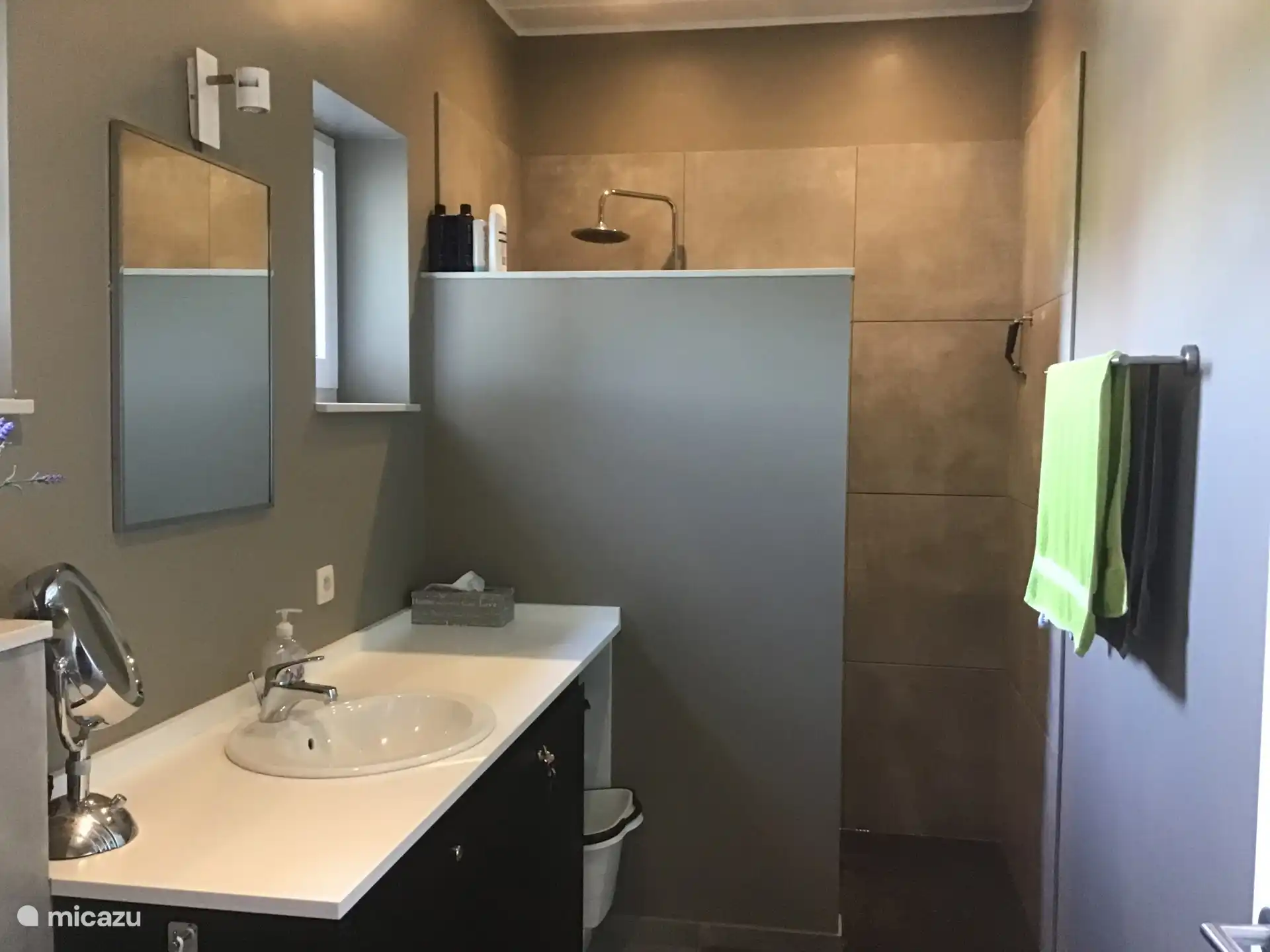 Badkamer gelijkvloers,inloopdouche,toilet,lavabo.