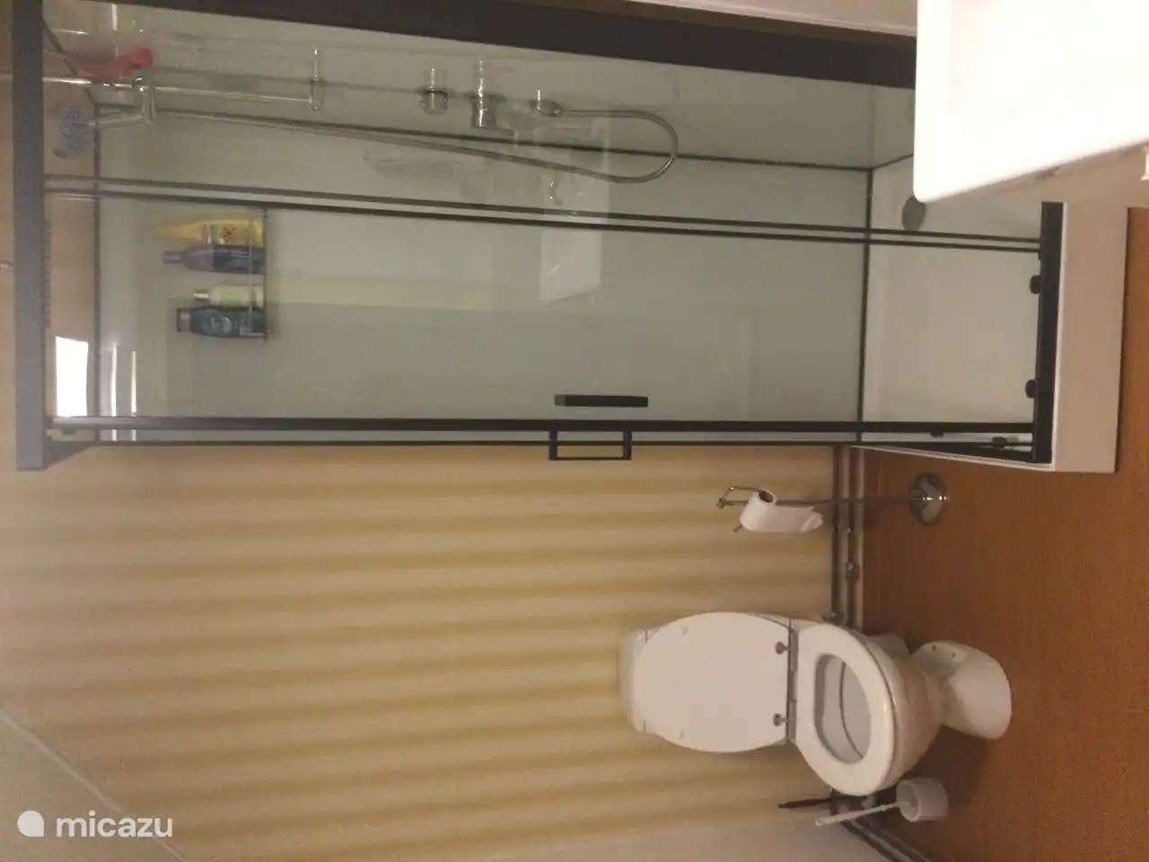 Einfaches Badezimmer mit (Regen-)Dusche, Waschbeckenschrank und Toilette. Dieses Haus ist möglicherweise nicht für diejenigen geeignet, die sehr hohe Ansprüche an das Badezimmer stellen.