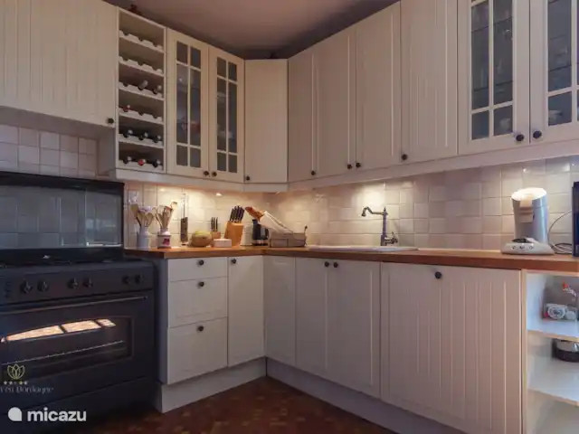Maison en Dordogne | France, Dordogne, Saint-Sulpice-d'Excideuil - maison de vacances La cuisine avec cheminée, cuisinière à gaz 5 feux, lave-vaisselle, réfrigérateur américain avec machine à glaçons et 2 fauteuils confortables.