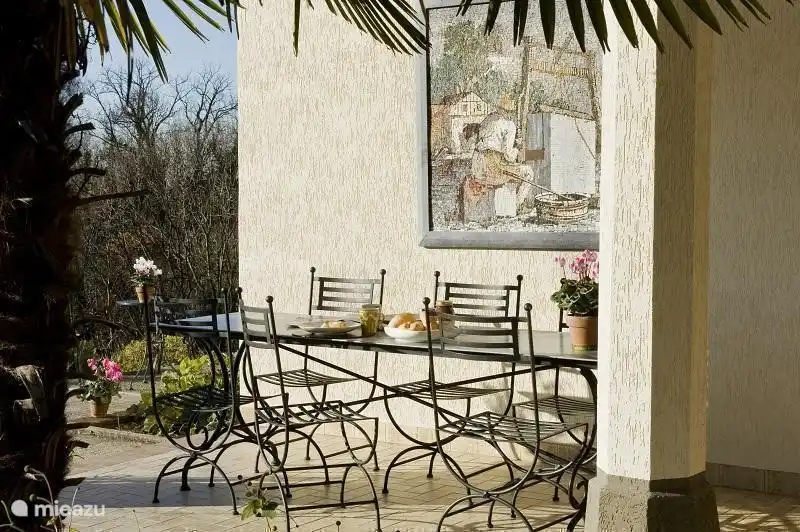 Un vistazo a la terraza cubierta donde podrá disfrutar de su desayuno, almuerzo y cena. Amplia mesa de comedor, apta para 6 personas.