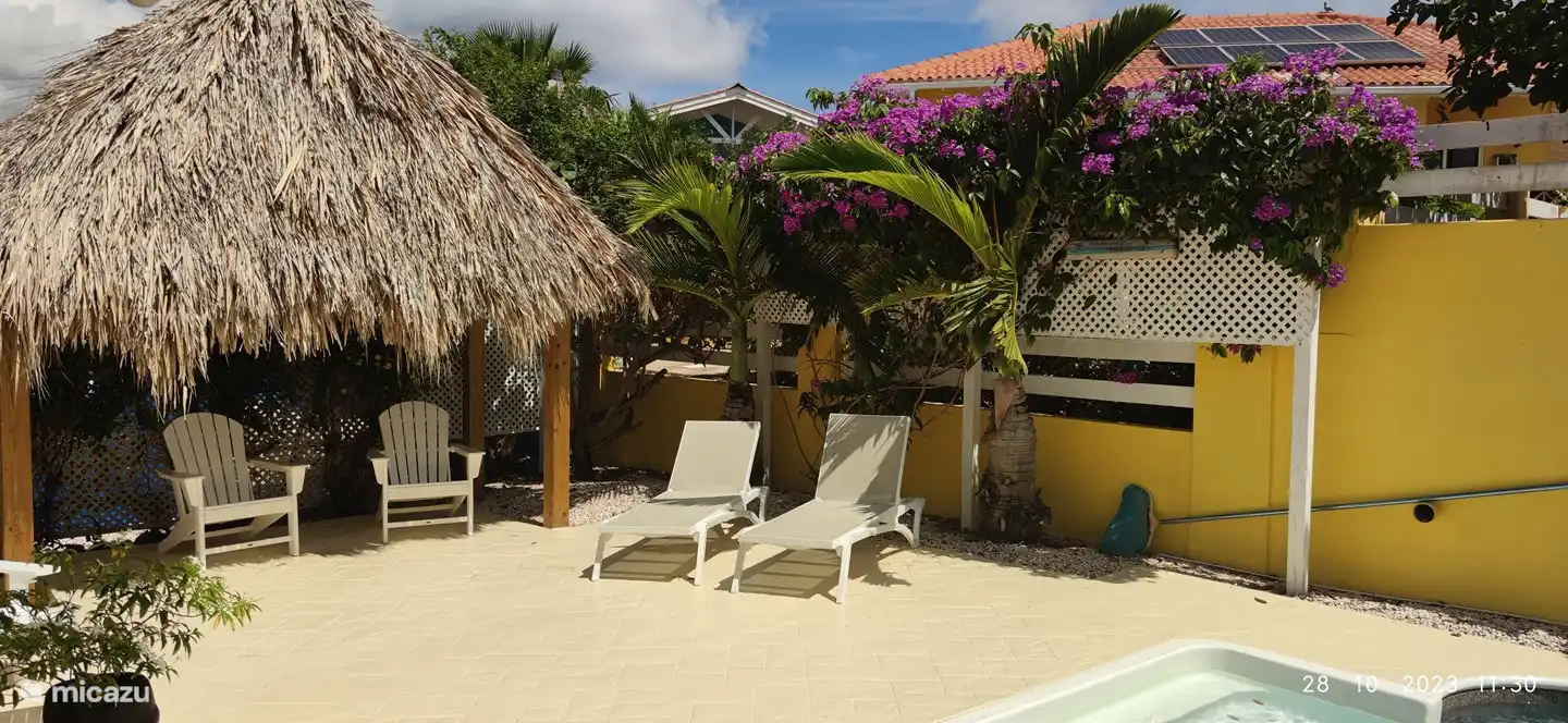 Pooldeck met bloeiende bougainvillea