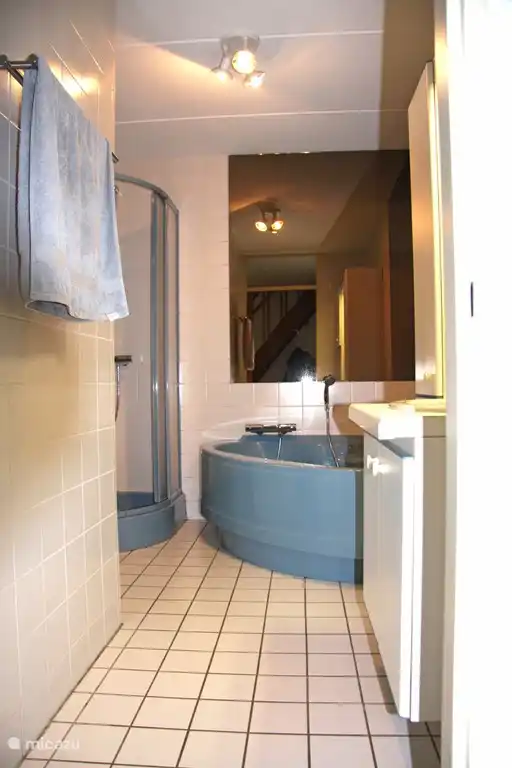 De ruime badkamer met 2-persoons whirlpool, een aparte douche, een wastafelmeubel en een was/droogcombi.  