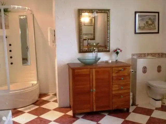 villa huren in Frankrijk, Lot, Sousceyrac – La Tour des Abeilles De badkamer met twee wastafels, massagedouche, bad en toilet