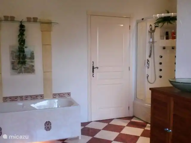 villa huren in Frankrijk, Lot, Sousceyrac – La Tour des Abeilles De badkamer met twee wastafels, massagedouche, bad en toilet.