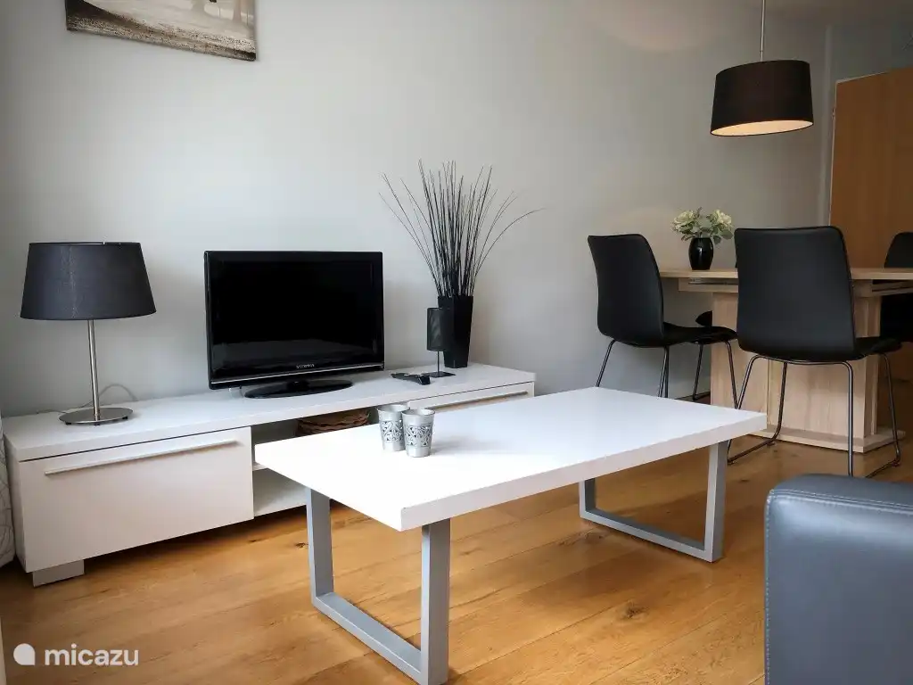 Living area with 2-seater sofa and flat screen.