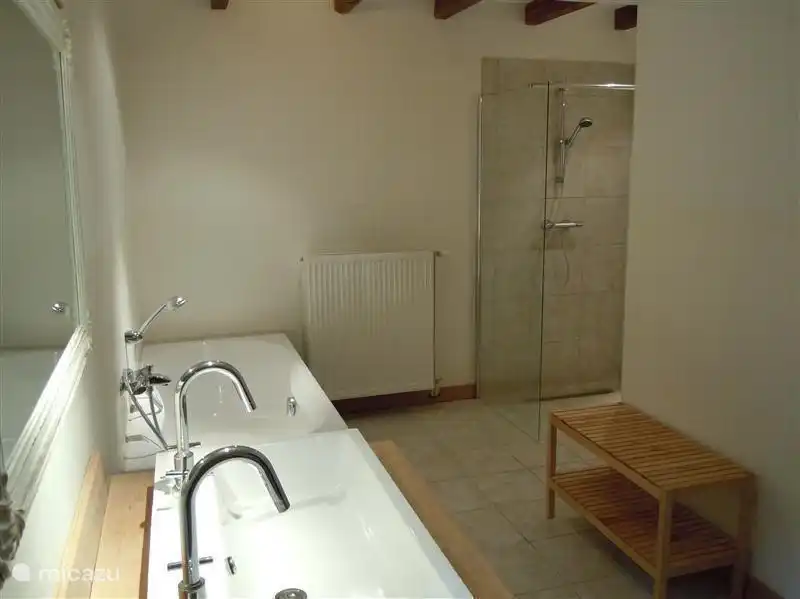 Merveilleusement grande salle de bain, vue sur le lavabo, le bain et la douche à l'italienne.