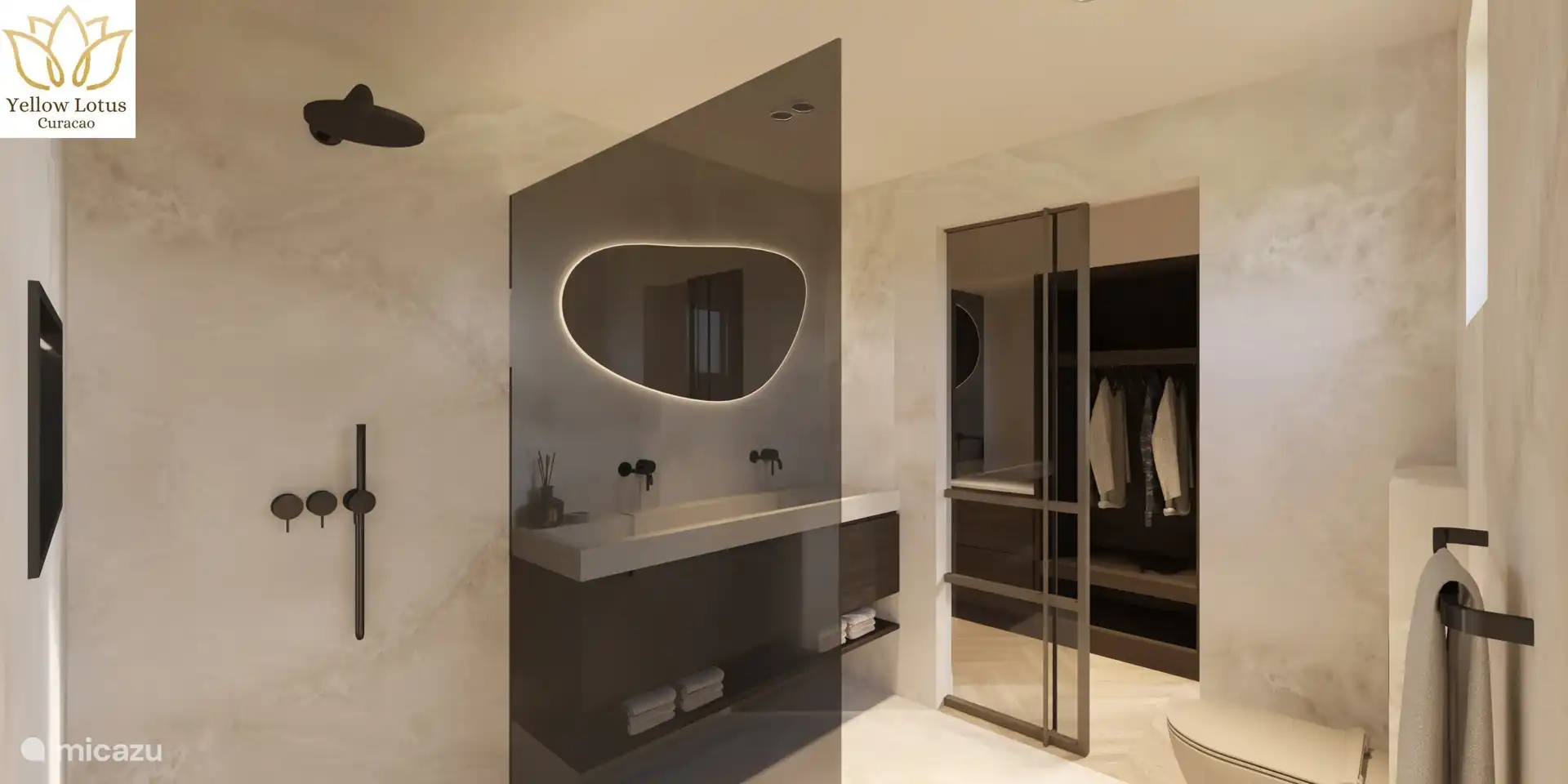 Salle de bain avec douche à l’italienne et double table à linge.