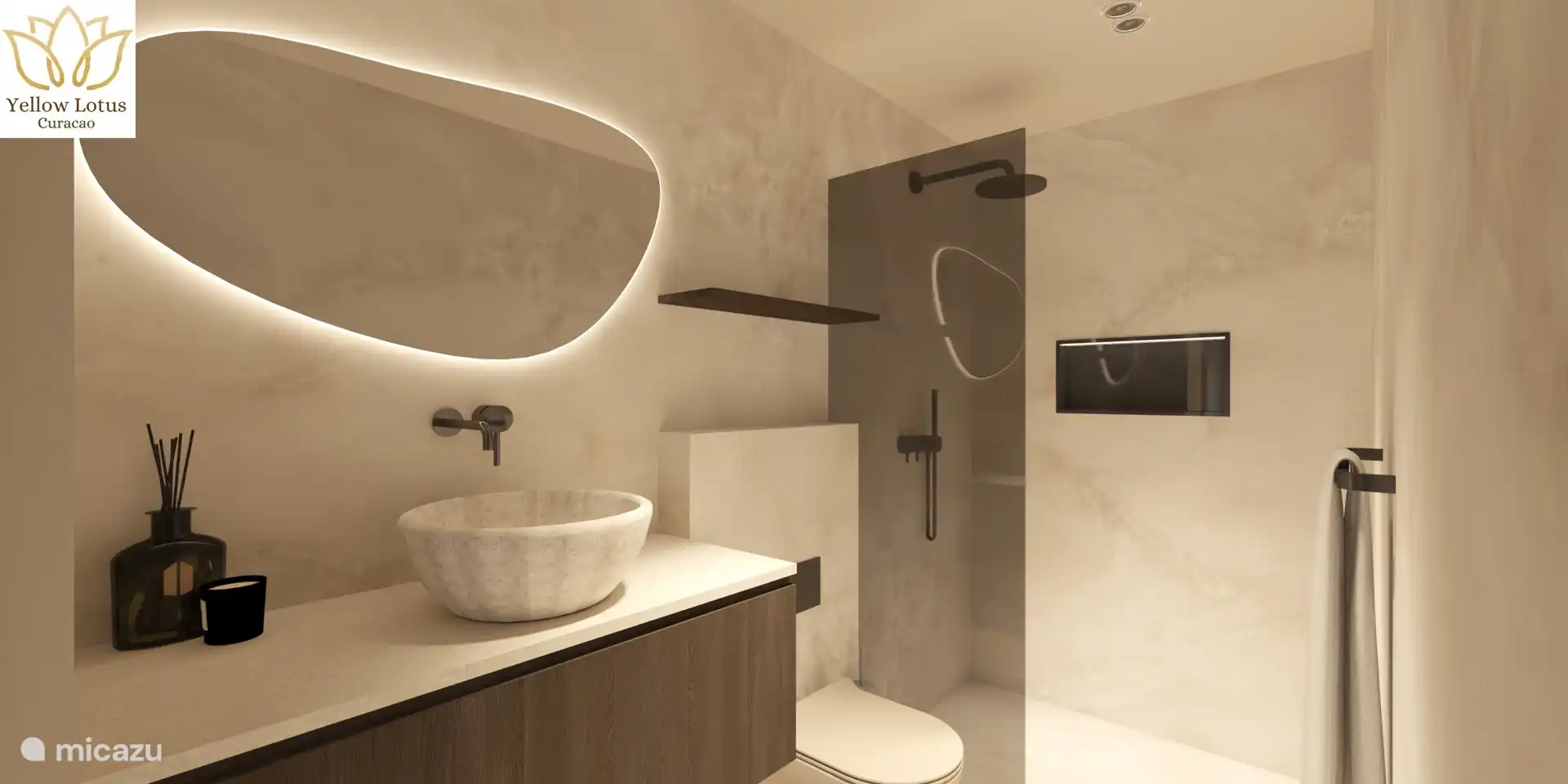 Salle de bain avec douche à effet pluie