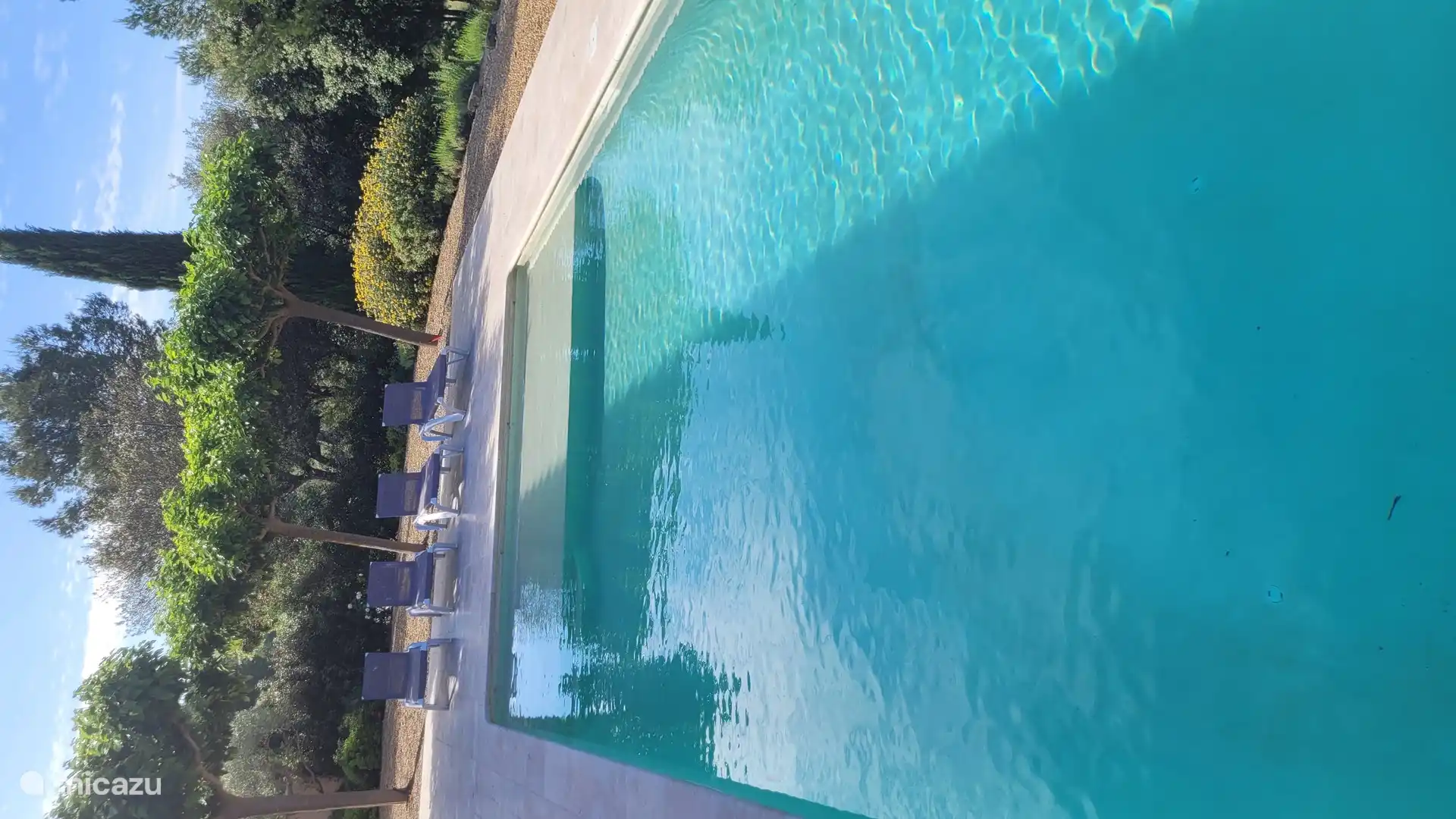 Front Face of the villa courtyard filled with lavender, roses and olive.