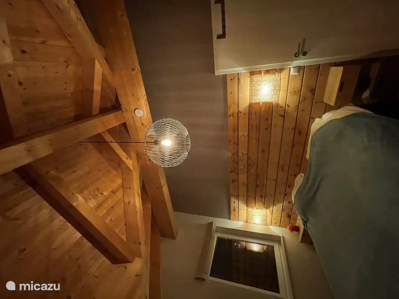 master bedroom with rustic wood look &amp; beautiful beamed ceiling