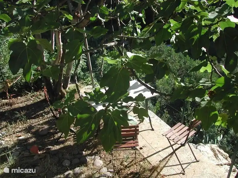 Die zweite Terrasse mit einem Tisch und 4 Stühle, 2 Sonnenliegen und einer Hängematte