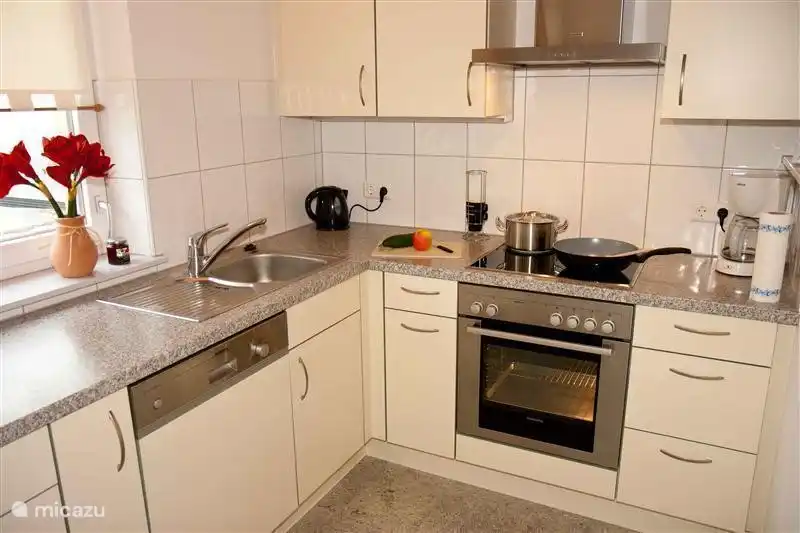 Praktisch, voll ausgestattete Küche mit Backofen und Geschirrspüler.