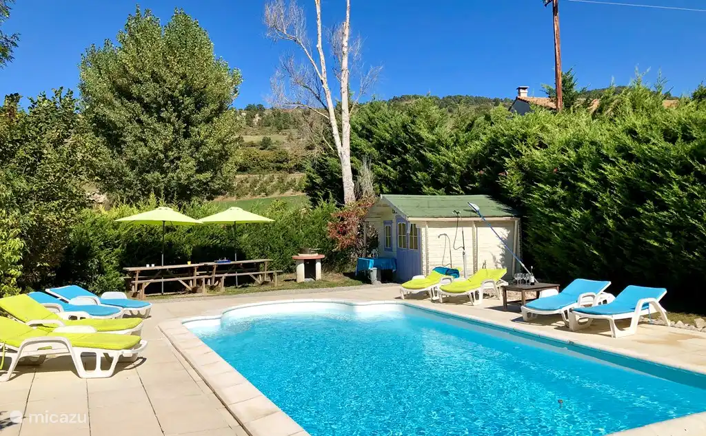 Piscina con cabaña, BBQ y mesas de comedor