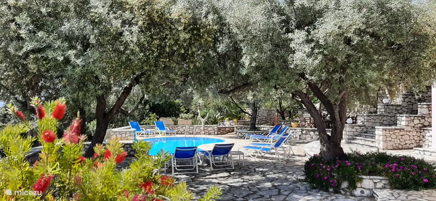 Der schöne Garten mit Sonnenliegen am Pool.