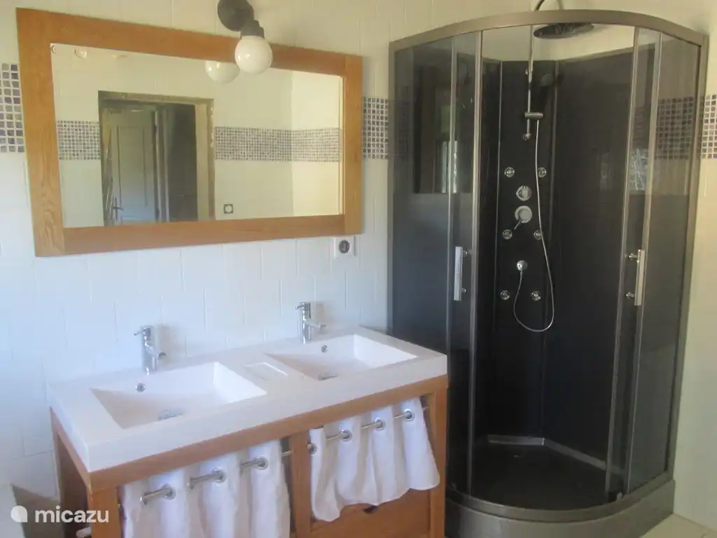 De nieuwe badkamer met ligbad, dubbele wastafel, douchecabine en toilet