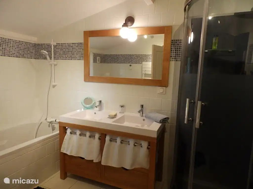 De nieuwe badkamer met ligbad, dubbele wastafel, douchecabine en toilet