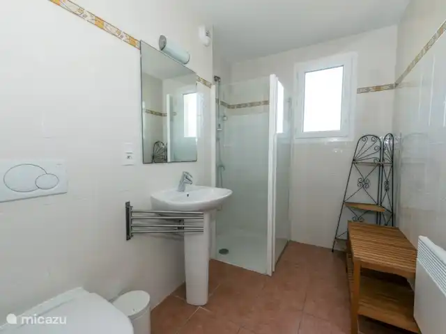 Les Rives de l'Ardèche | France, Ardèche, Vallon-Pont-d'Arc - villa La salle de bain avec cabine de douche spacieuse, avec lavabo et toilettes. Espace de rangement suffisant pour vos articles de toilette.