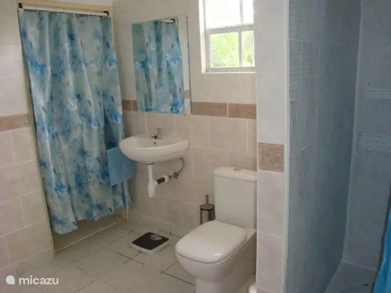Bathroom with toilet, shower, washbin and cabinet.
Each bathroom has scales and a hairdryer.