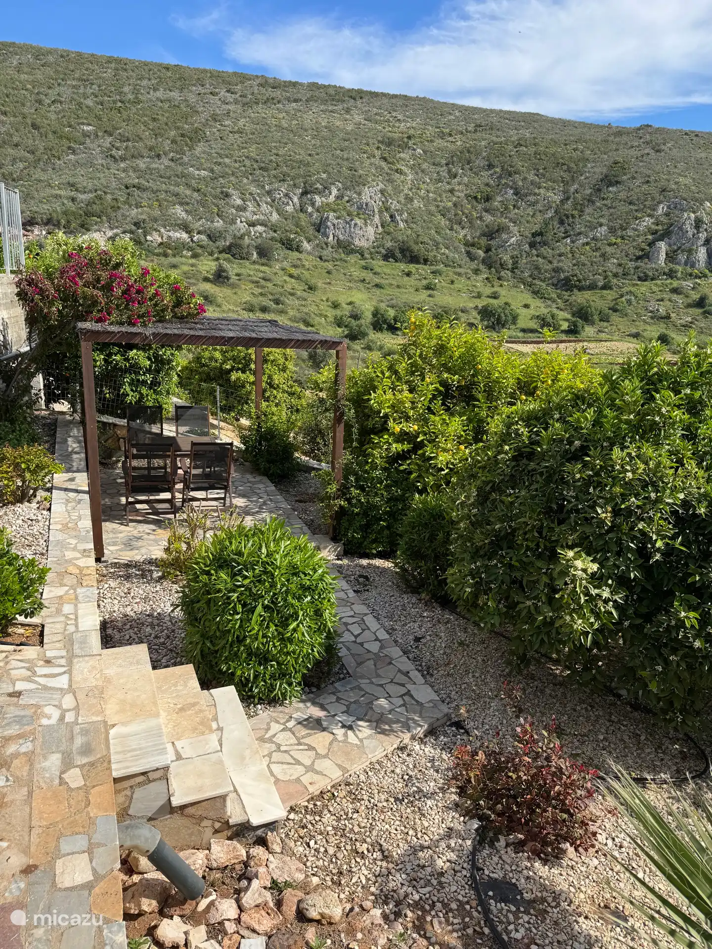 Garten mit Sitzgelegenheiten und Obstbäumen hinter dem Pool 