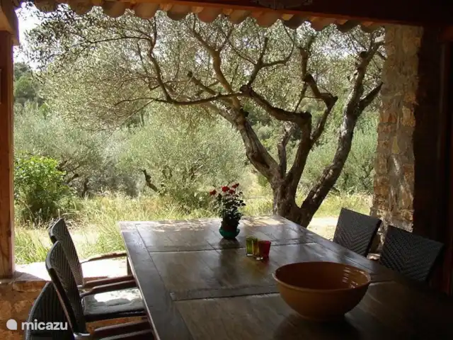 Lei Restanques | France, Var, Carcès - maison de vacances Votre endroit préféré : à la table sur la terrasse extérieure couverte, avec l’olivier à portée de main et la vue sur la propriété privée.