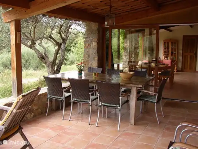 Lei Restanques | France, Var, Carcès - maison de vacances Terrasse couverte table et 10 chaises d'extérieur. Vous pouvez toucher l'olivier. Attenant à la cuisine avec table à manger et 10 chaises. Le comptoir est en face de la table à manger.
