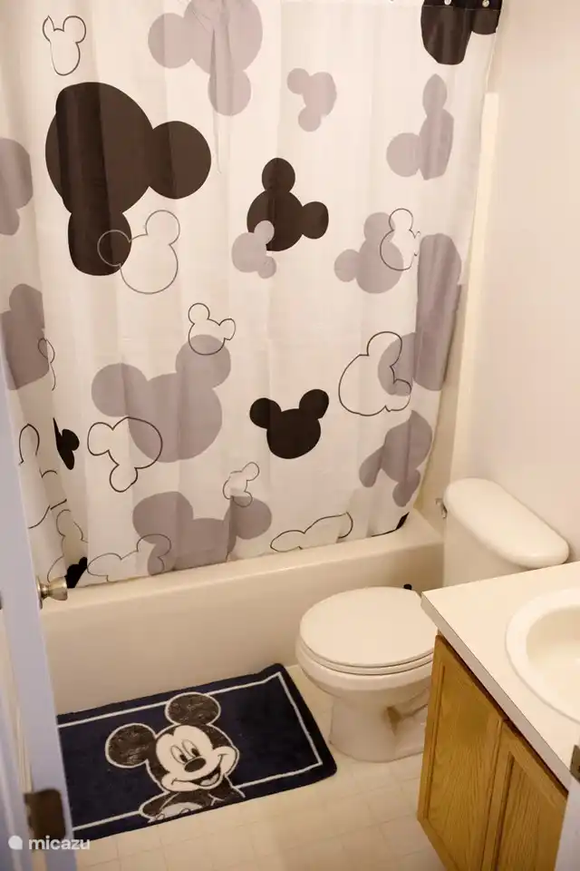 Das Micky-Badezimmer gehört zu den Micky-Kinderzimmern. Und ist mit einem einzigen Waschbecken, Toilette und Badewanne mit Dusche ausgestattet.