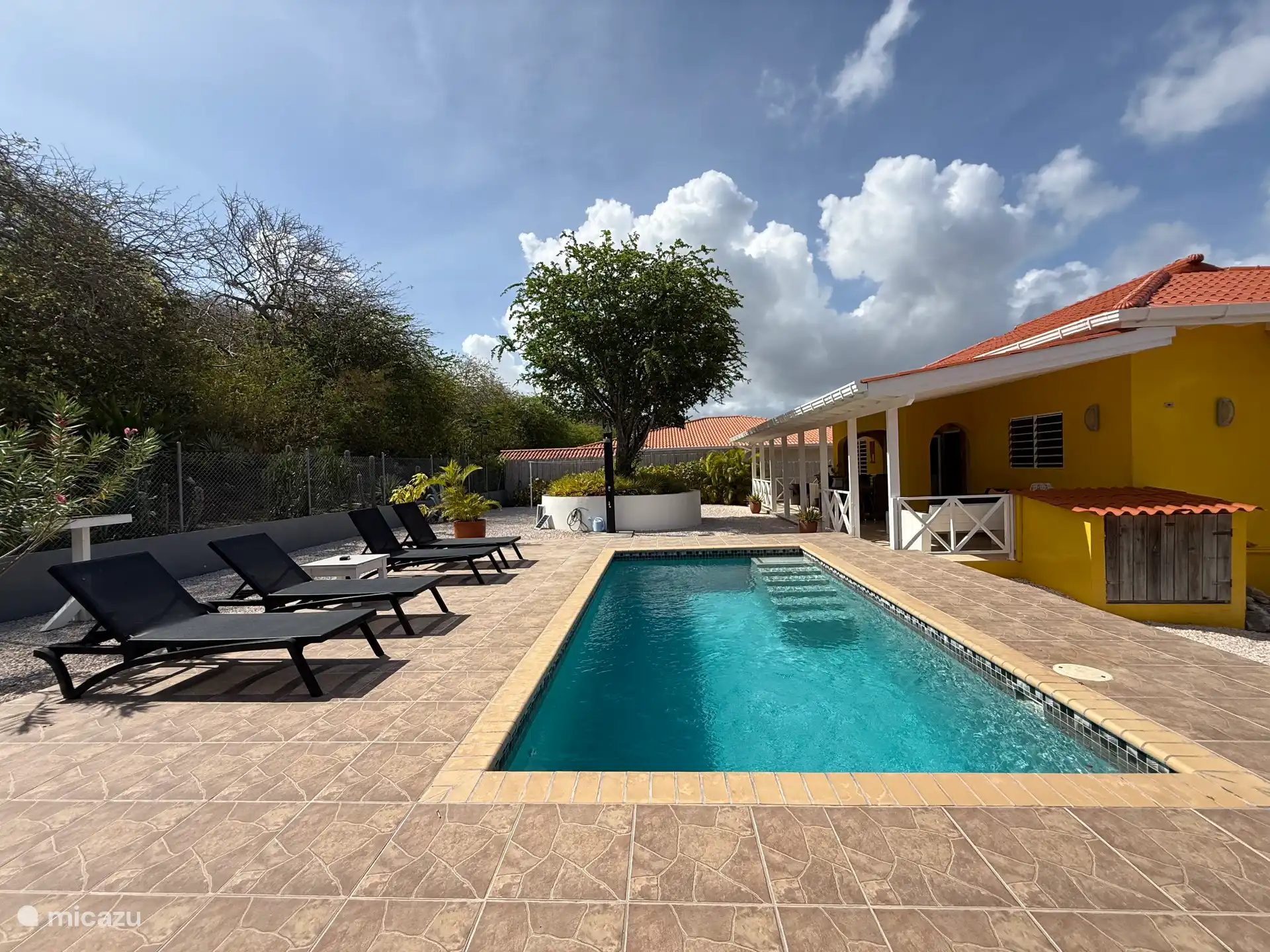 Amplia piscina de 6x3 m2, con amplio jardín trasero con mucha privacidad