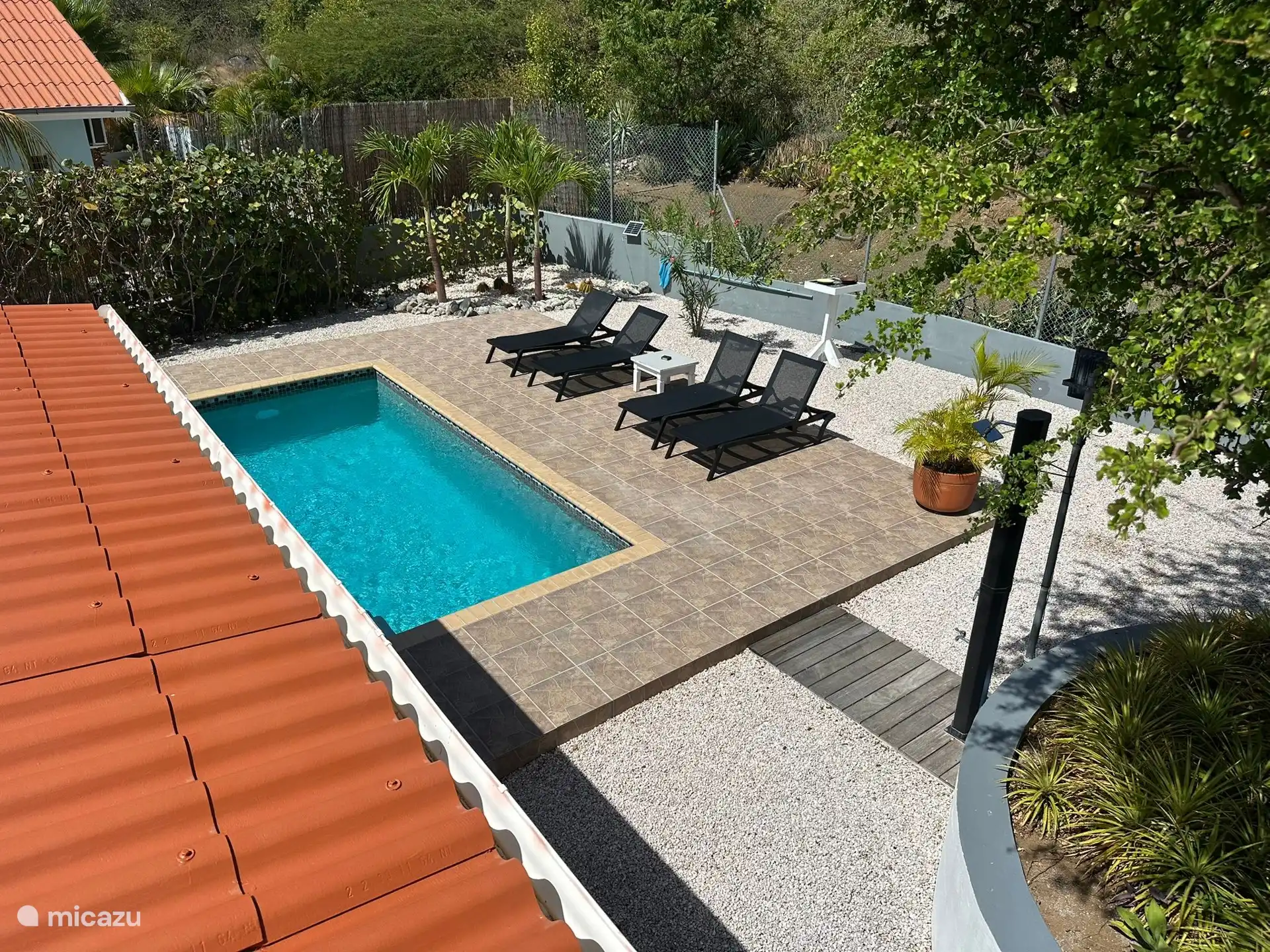 Amplia piscina de 6x3 m2, con amplio jardín trasero con mucha privacidad