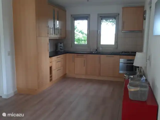 vista al campo en Países Bajos, Frise, Sint Nicolaasga - casa vacacional Cocina moderna con horno/microondas, estufa de 4 quemadores, lavavajillas, combinación de frigorífico y congelador.