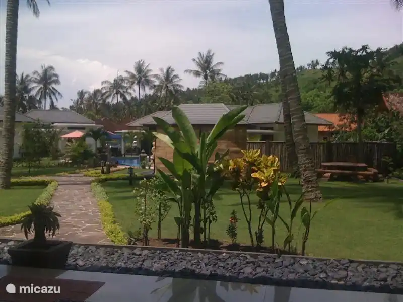 Uitzicht vanaf terras naar tuin/zwembad