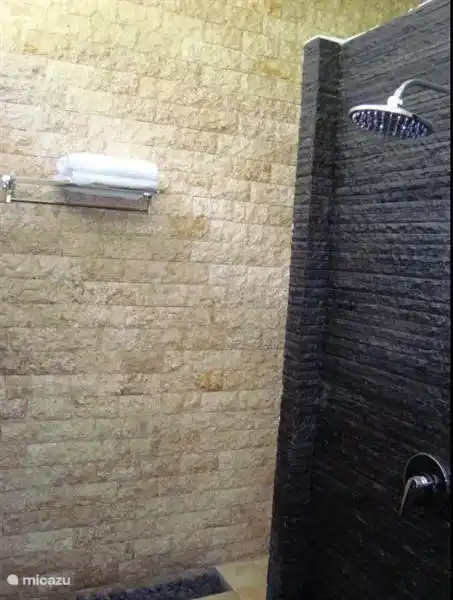 De luxe douche bevindt zich achter de wastafels.