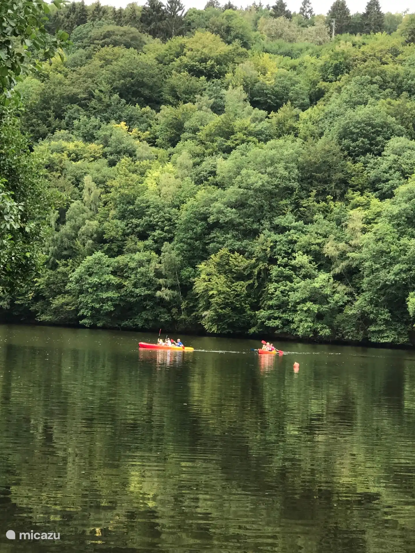 Op een warme zomerdag kanovaren of kajakken op de rivier Ourthe of Amblève of altijd mogelijk tijdens droge periode, op stuwmeer van Nisramont, waar u ook in kunt zwemmen