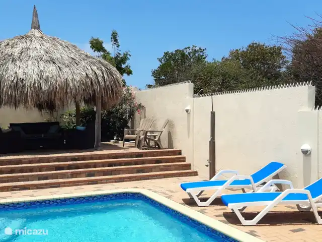 Kas Mondi | Curaçao, Banda Ariba (est), Jan Thiel - villa La piscine privée a une température agréable de 29-30 degrés Celsius en moyenne. Au bord de la piscine, vous trouverez des chaises longues et une douche extérieure (douche à effet pluie).