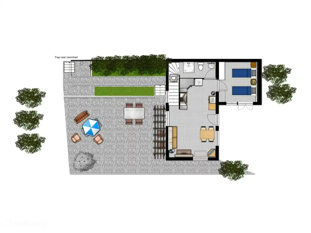 Plattegrond van de benedenverdieping en het terras met toegang naar zwembad en omgeving