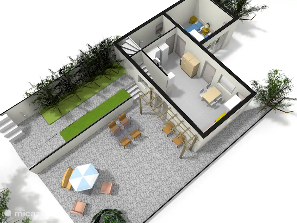 3D van de benedenverdieping en het terras met toegang naar zwembad en omgeving