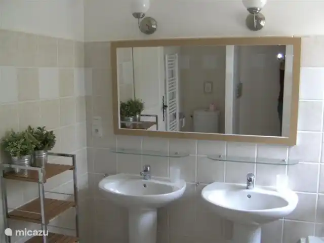 Le Chat Rouge 2026 avec 5** Confort | France, Hérault, Siran-Najac - villa Salle de bain avec double vasque, 2ème WC, baignoire et douche à l'italienne.