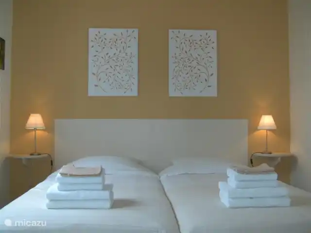 Le Canard Bleu 5* 2026 nog met keuze huren in Frankrijk, Hérault, Siran-Najac - villa Slaapkamer met sfeer en de optioneel bestelde badlinnenpakketten. En airco.Bedmaat 2x 90x 200