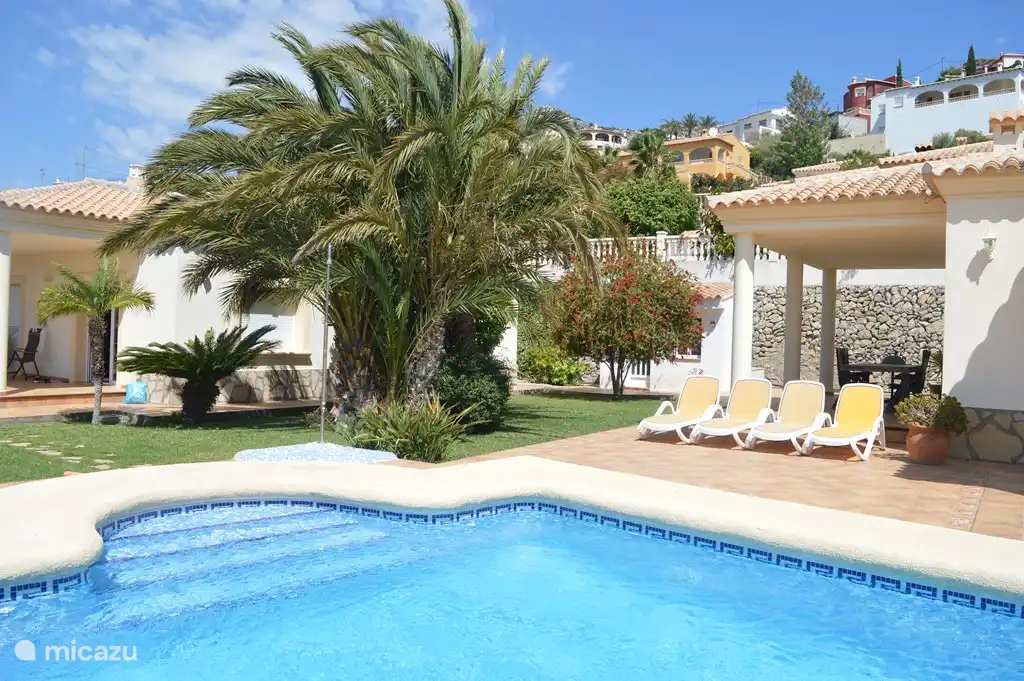 Zicht op zwembad en nog meer ligbedden voor een zon- of schaduwplekje rondom het zwembad of onder de palmbomen.
