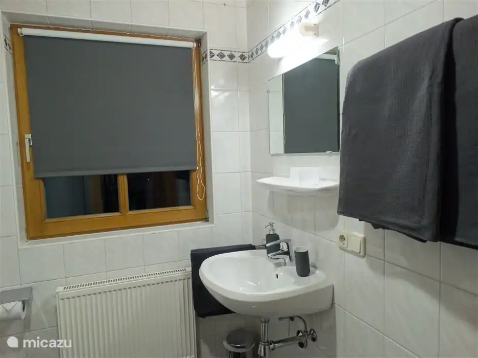 Bathroom with shower, toilet, sink