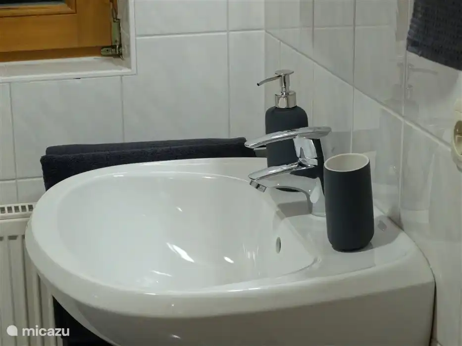 Bathroom with shower, toilet, sink