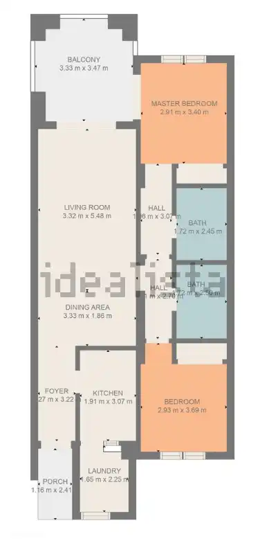 Il s'agit du plan d'un appartement similaire, tiré du site de vente espagnol Idealista. Notre appartement étant au rez-de-chaussée, il dispose de deux terrasses supplémentaires, une adjacente à chaque chambre.