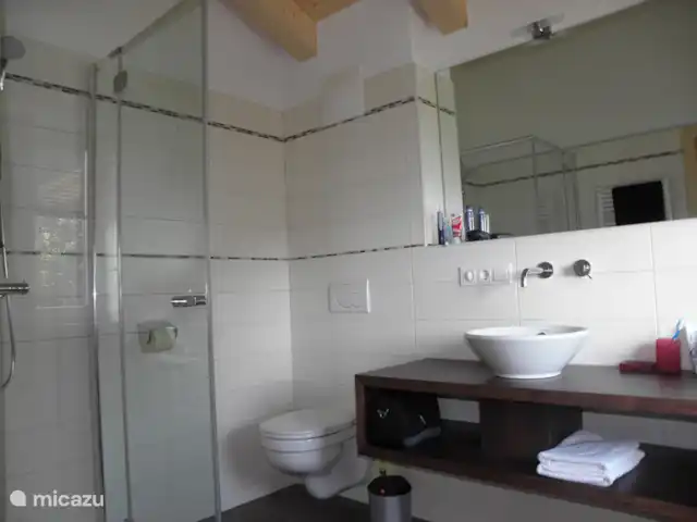 chalet huren in Oostenrijk, Salzburgerland, Bramberg am Wildkogel – Alpenchalet am Wildkogel De ensuite badkamer in appartement Smaragd. Deze badkamer heeft een douche, toilet en dubbele wastafel.