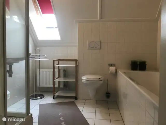 Oriole sur l'eau Frise | Pays-Bas, Frise, Langweer - maison de vacances Au 1er étage : Salle de bain spacieuse avec lavabo, baignoire, douche et toilettes séparées