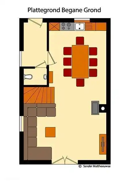 Erdgeschoss. Halle, WC, Küche und Esszimmer. Sitzecke mit TV und Heizofen.