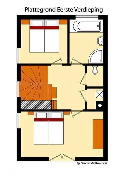 Ersten Stock. 2 pers.slaapkamer mit Balkon. 2 pers.slaapkamer. Badezimmer mit Dusche und Badewanne. Die Landung mit Toilette und Waschraum.