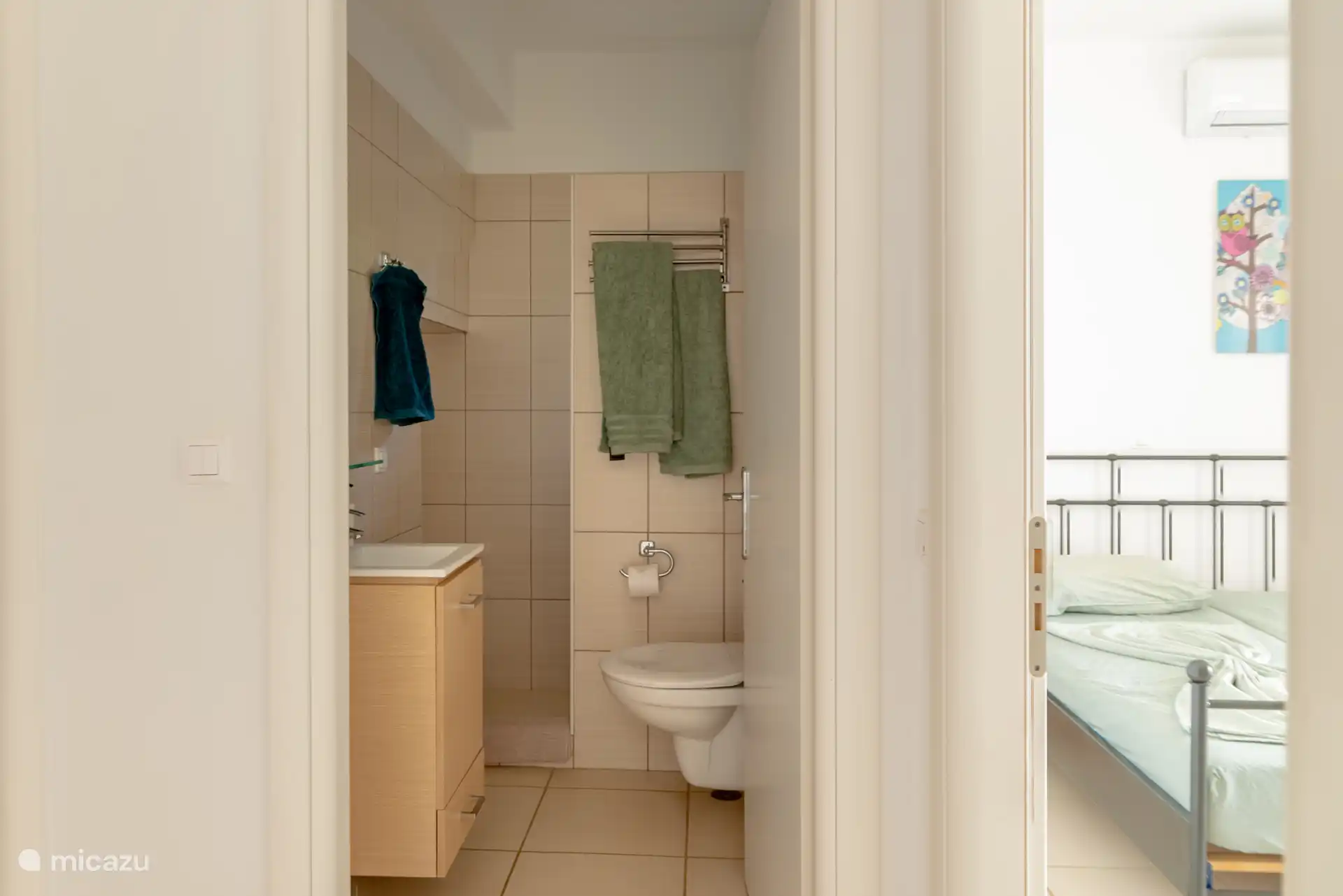 Badkamer beneden met douche in de hal naast de 2 slaapkamers. 