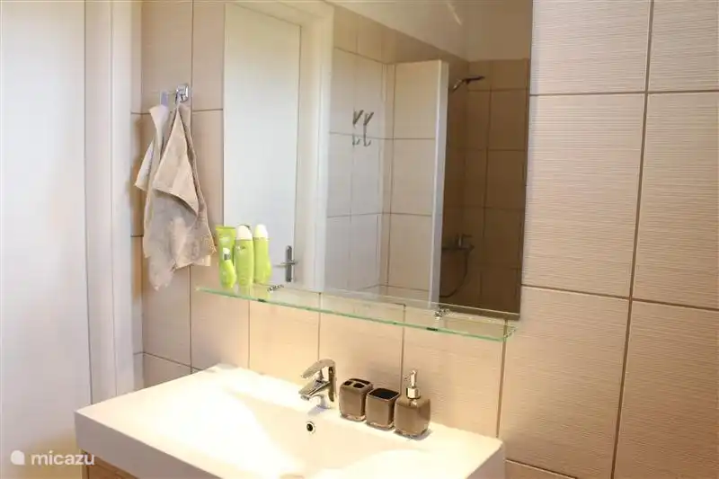 Badkamer boven met douche, toilet en wastafel. Föhn is aanwezig.  Geldt ook voor de badkamer beneden.