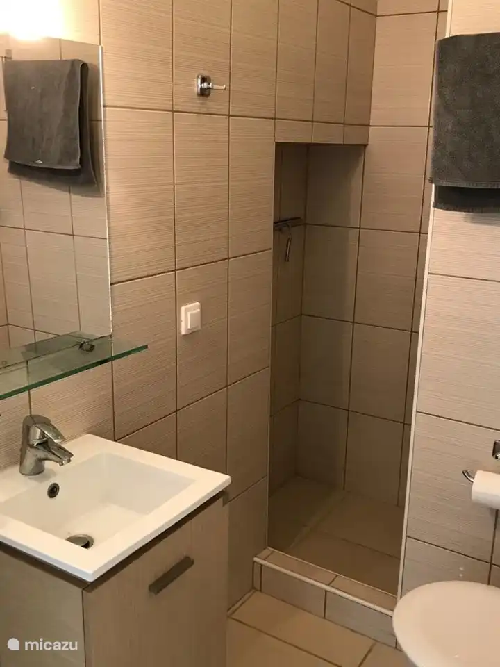 Badkamer beneden. met douche en toilet. Föhn is aanwezig.